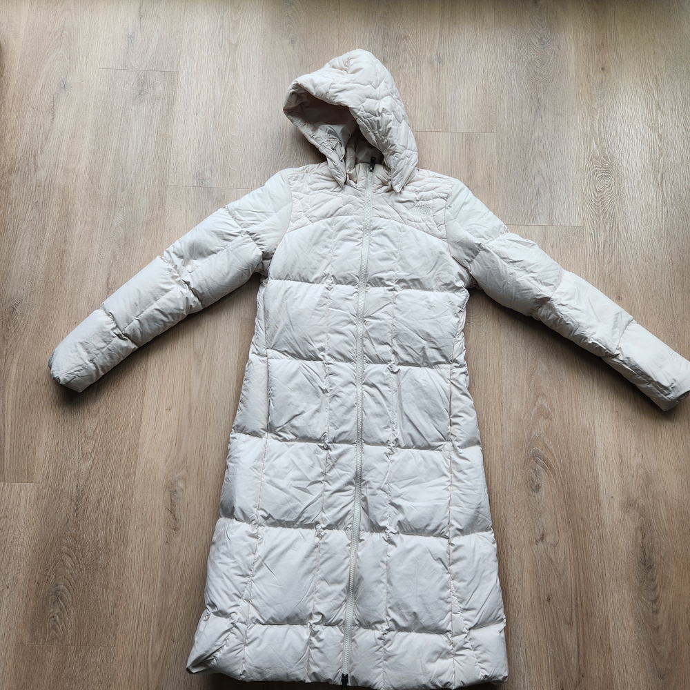 The North Face Cream Long Hooded Puffer Coat